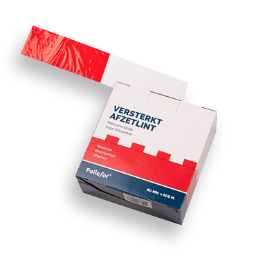 Afzetband KONVOX rood-wit 500 mtr x 8 cm, trekvast PE, in dispenserdoos