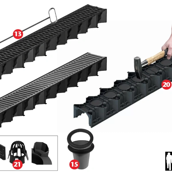 Hexaline 2.0 goot + zwart kunststof sleufrooster 1m