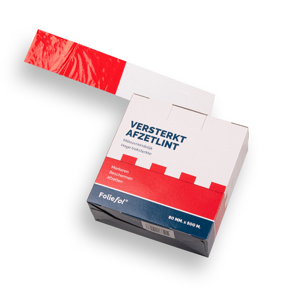 Afzetband KONVOX rood-wit 500 mtr x 8 cm, trekvast PE, in dispenserdoos